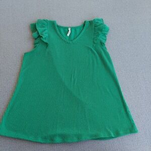 Hesed Top Women S Green T0481-ST Ruffle Sleeve V-Neck Textured Seersucker Blouse